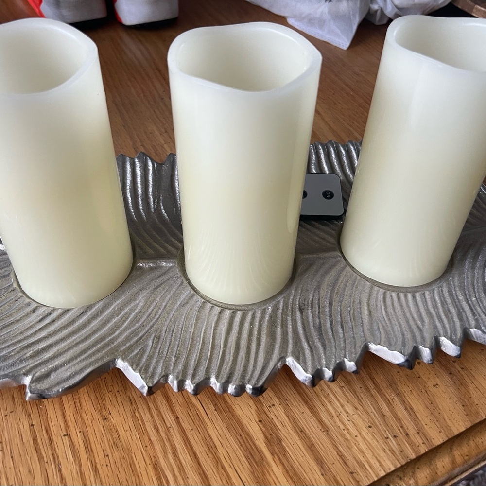 Cream flameless LED Candles on Silver Leaf Tray